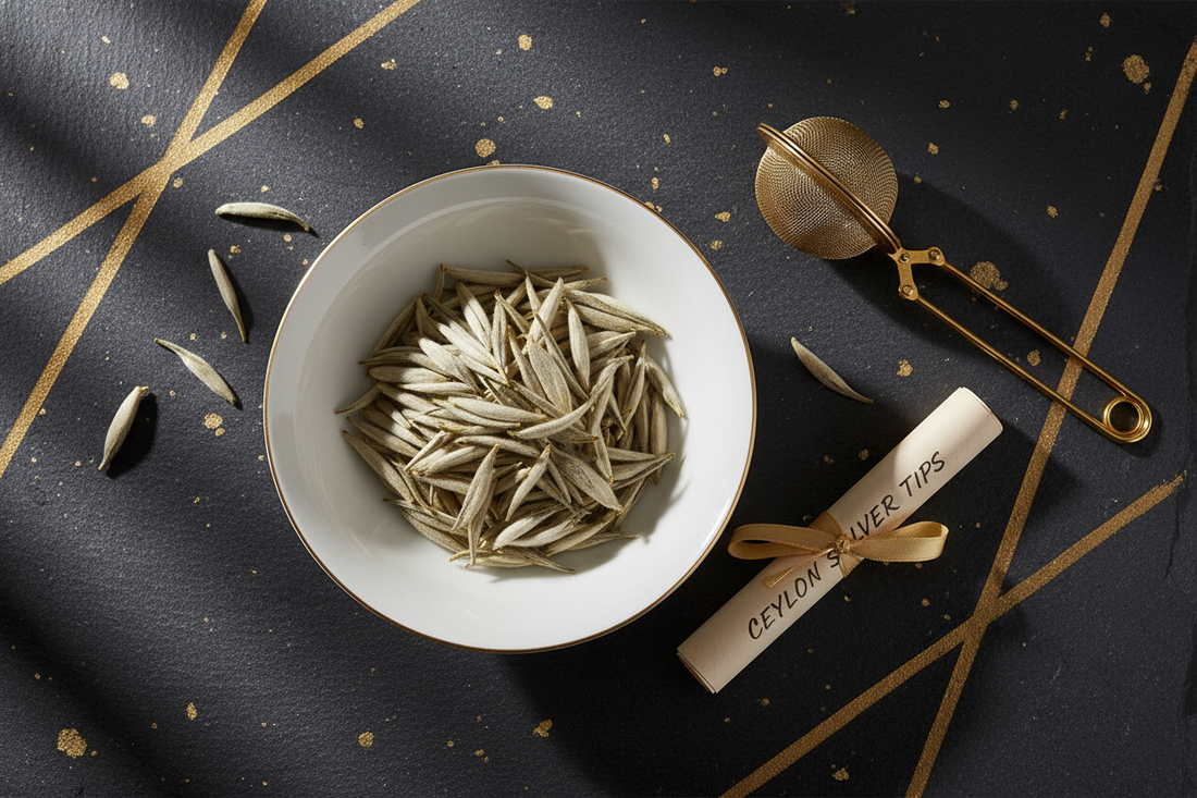 : Ceylon Silver Tips white tea buds in a porcelain bowl — rare hand-picked white tea from Sri Lanka