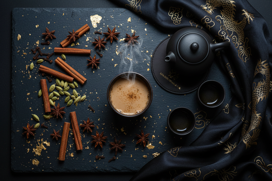 马来西亚最好的茶——优质锡兰红茶倒入白色亚麻布杯中，配有新鲜茶叶