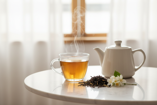 明亮通透的锡兰红茶杯，搭配茉莉花和小陶瓷茶壶，白色大理石背景，自然光线