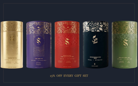 SOO Ceylon Tea Gift Sets — Golden Tips, Earl Grey, BOPF, Masala Chai and Green tea, 15% off every gift set