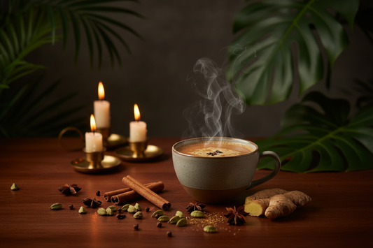 Cawan masala chai berasap di atas permukaan kayu gelap dengan rempah ratus tropika dan cahaya lilin keemasan