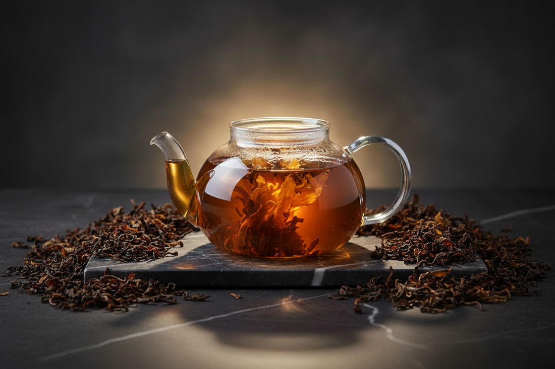 Clear glass teapot brewing vibrant amber Ceylon black tea on a dark marble surface with loose tea leaves