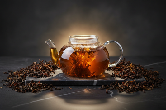 Clear glass teapot brewing vibrant amber Ceylon black tea on a dark marble surface with loose tea leaves