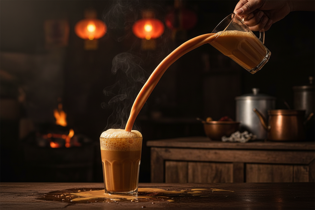 Teh tarik being pulled between two glasses — rich amber Ceylon tea with dramatic frothy stream
